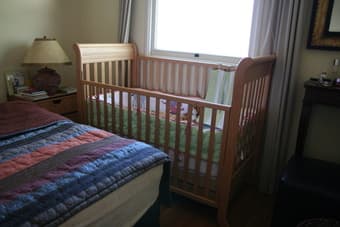 IKEA Full Size Bed Frame + Crib and baby 2