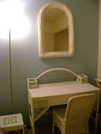 White Wicker chair, desk, mirror set 1
