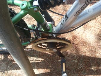 Triax adult mtn bike, silver/green, works fine, with lock $90 3
