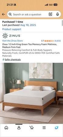 Like-New Zinus 12" King Green Tea Cooling Gel Memory Foam Mattress 2