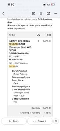 Right side fender painted 2011 infiniti g25x new 3