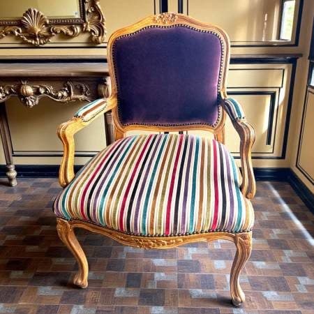 Vintage imprt french jewel stripe aubergine velvet silk accent chair 1