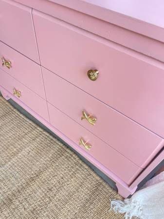 Raspberry Rose Pink Vintage-Style BOHO Dresser with Gold Bow Hardware Nursery SW 3