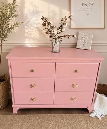 Raspberry Rose Pink Vintage-Style BOHO Dresser with Gold Bow Hardware Nursery SW 1
