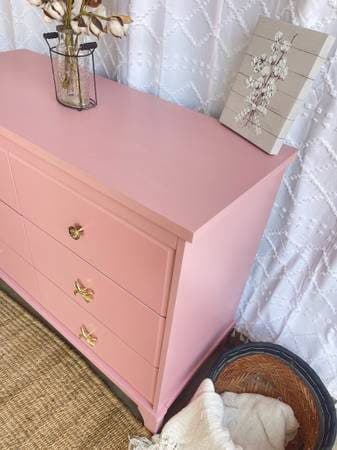 Raspberry Rose Pink Vintage-Style BOHO Dresser with Gold Bow Hardware Nursery SW 2