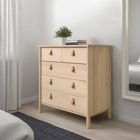 [RRP $499] *RARE* IKEA BJÖRKSNÄS Solid Birch Wood and Leather 5 Drawer 2