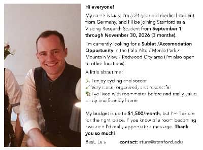 VSR Stanford student looking for a place Sep 01 through Nov 30 / Budget 1,700 (flexible) 1