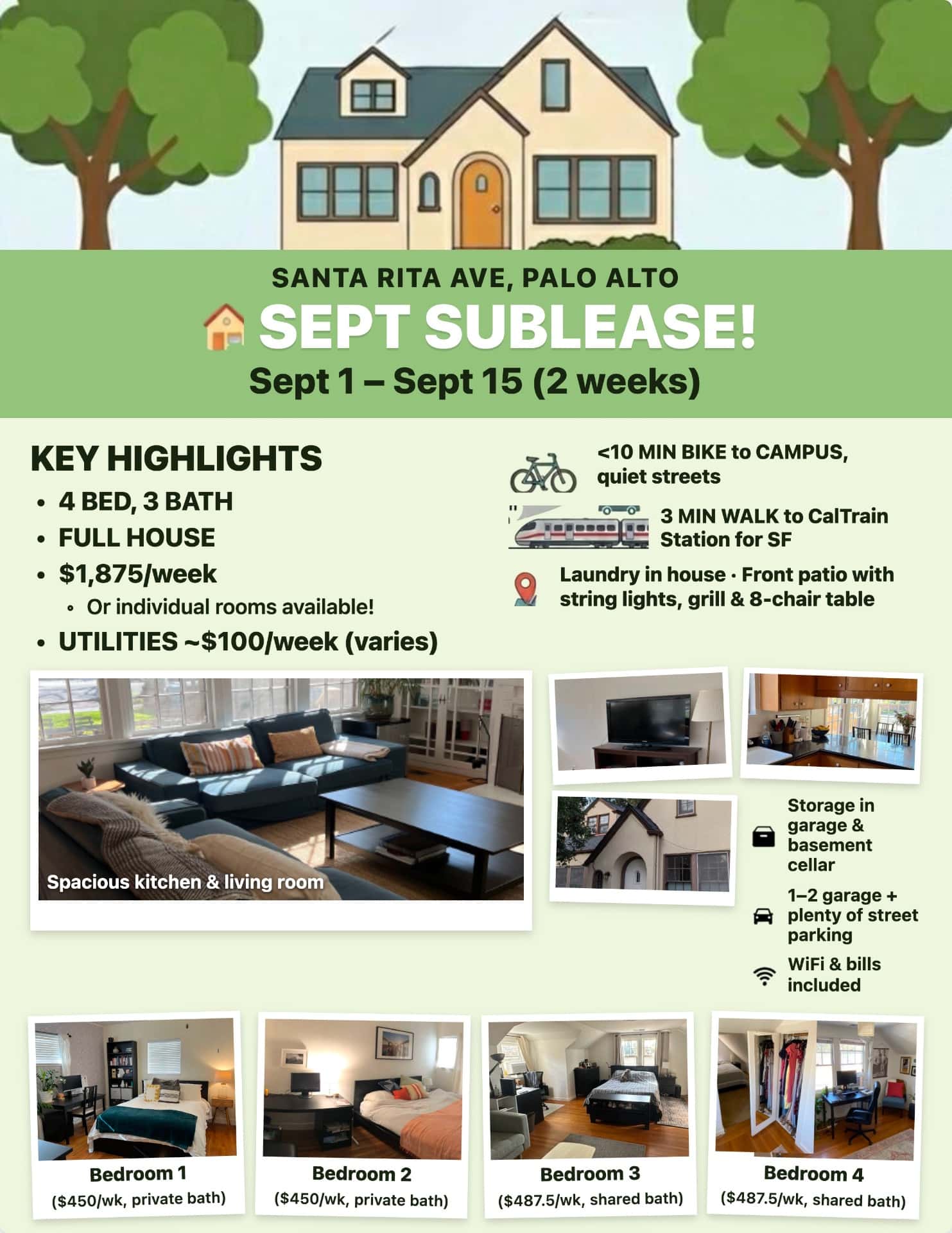 2-week Sept Sublease in Palo Alto Available 1