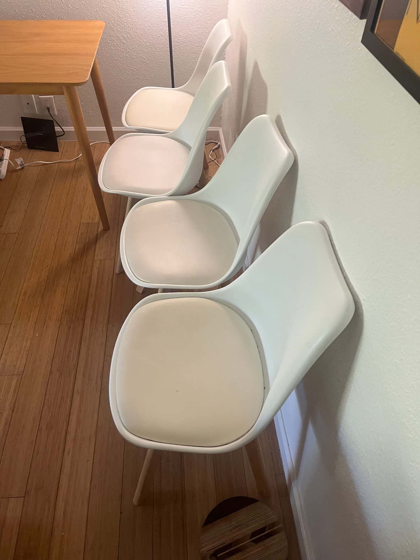 4 midcentury modern style white chairs w wood base - RRP $120 1