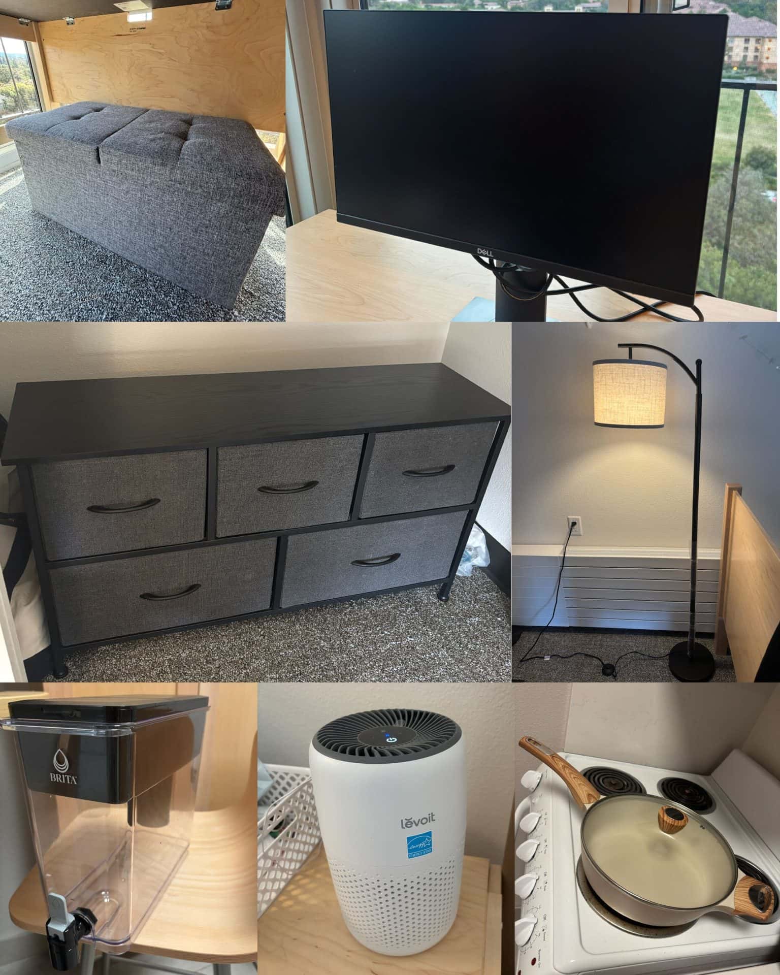 Monitor, standing lamp, drawer dresser, ottoman, air purifier, Brita dispenser, nonstick pan with lid 1