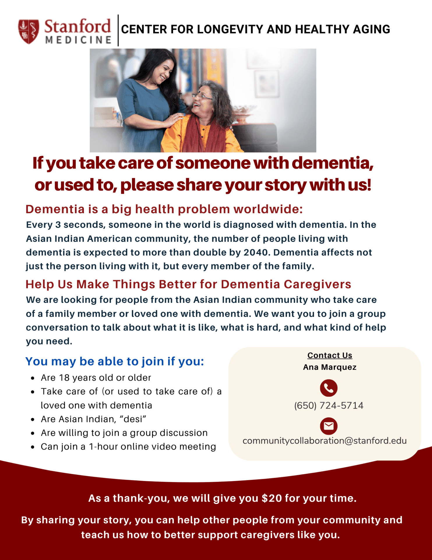 VOLUNTEERS from Asian Indian, “desi” community. If you take care of someone with dementia ,or used to, please share your story with us! 1